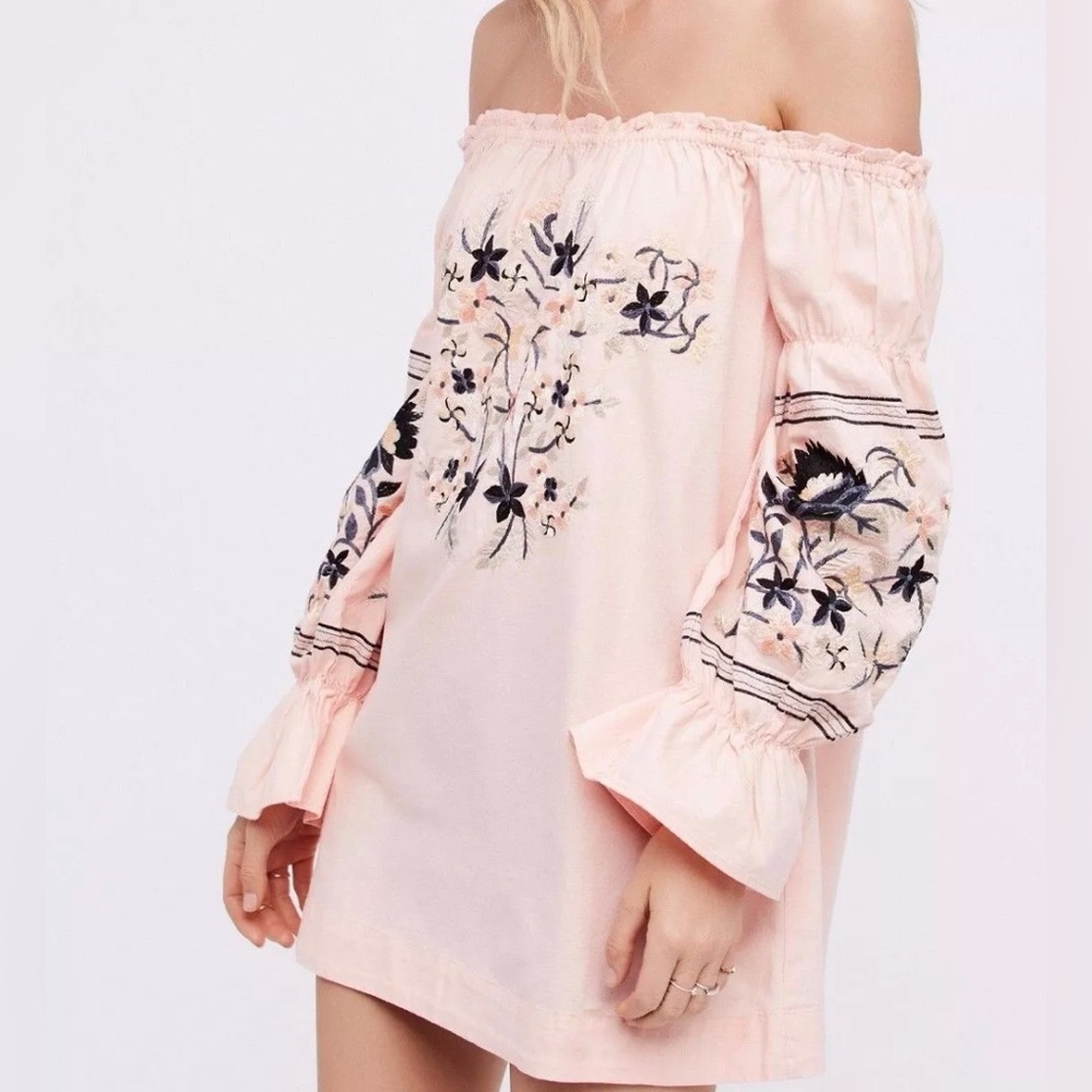 FREE PEOPLE Enchanted Embroidered Fleur Garden Off Shoulder Mini Dress XS